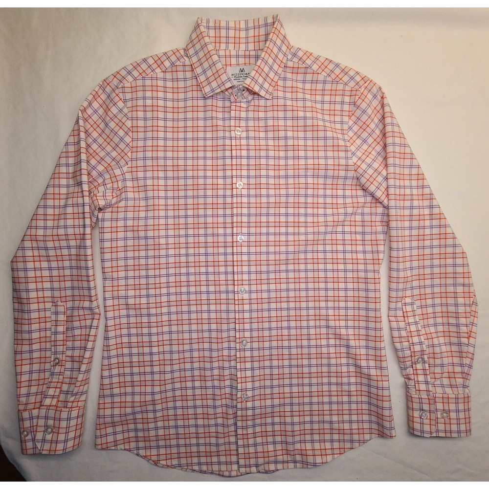 Mizzen Main Button Up Shirt Stretch White Red Blue Plaid Men's Medium Trim-Fit